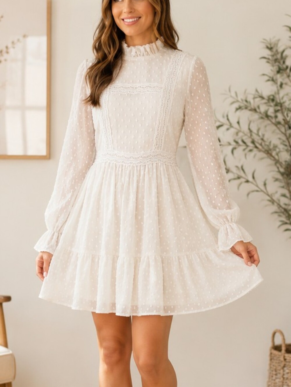 HYFVE Women's Cream Swiss Dot Ruffle Neck Tiered Dress Size Small